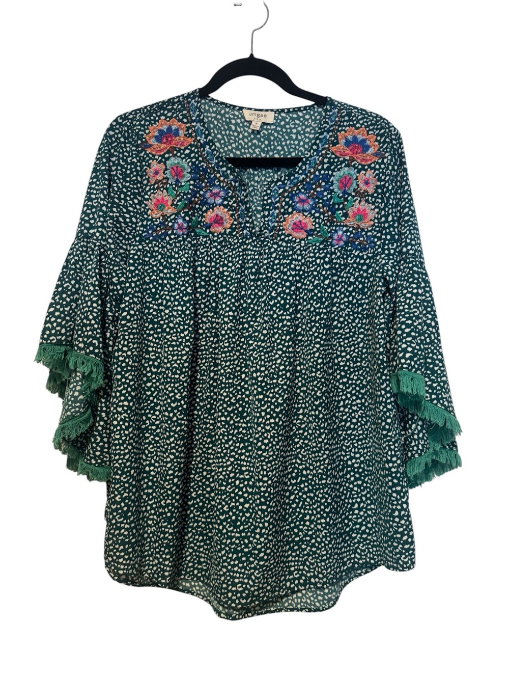 Umgee Teal Floral Embroidered Tassel-Sleeve Tunic